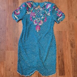 Vintage 80s Leslie Fay Beaded Sequined 100% Silk Dress